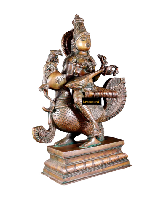 Brassaura™ Artistic Brass Saraswati Idol – Height 20 Inches & Weight 16 Kgs | Puja & Temple Décor