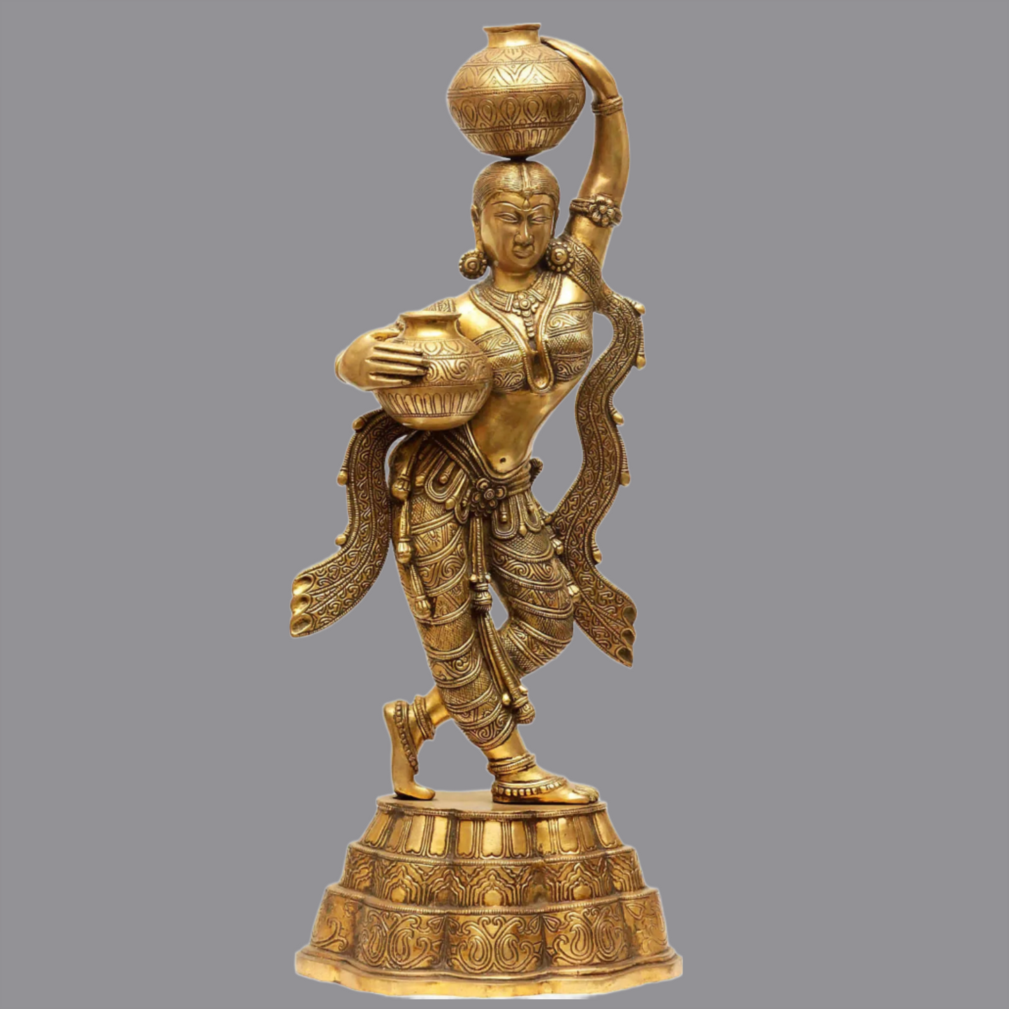 Brassaura® Brass Matka Lady Statue with Inlay Work | Height 26.97 Inches & Weight 13.30 kg