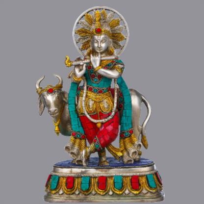 Brassaura® Brass Krishna Statue with Inlay Work | Height 10.04 Inches & Weight 3.60 kg