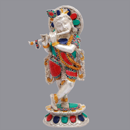 Brassaura® Brass Krishna Statue with Stonework | Height 13.19 Inches & Weight 4 kg