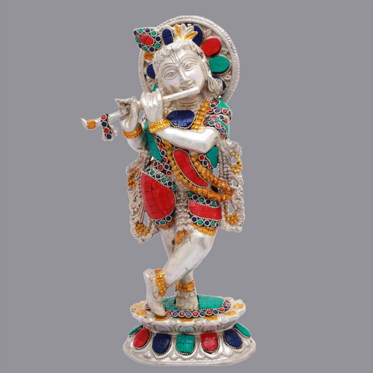 Brassaura® Brass Krishna Statue with Stonework | Height 13.19 Inches & Weight 4 kg