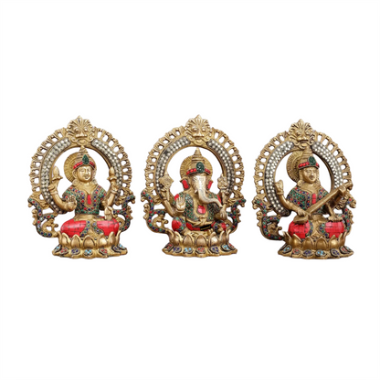 Brass Gem Stone Work Laxmi Ganesha Saraswati Murti for Home and Decor Height 9.5 Inches & Weight  10.2 Kgs