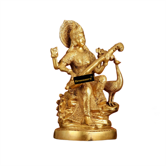 Brassaura™ Traditional Brass Saraswati Idol – Height 15 Inches & Weight 10 Kgs | Home & Temple Murti