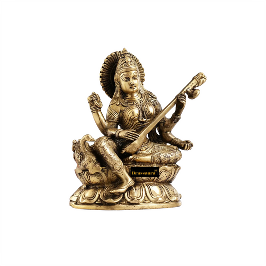 Brassaura™ Elegant Brass Saraswati Statue – Height 9 Inches & Weight 3.5 Kgs | Hindu Puja Décor