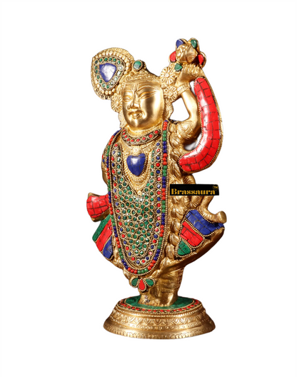 BrassAura™ Brass Lord Shrinath Ji Statue – Golden Finish with Pichwai Meenakari Work | Height 13 Inch | Weight 4.5 Kg