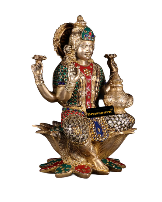 Brassaura® Brass Gem Stone Work Sitting Laxmi Mata For Home & Temple Idol-Height 12 Inches & Weight 5.5 Kgs