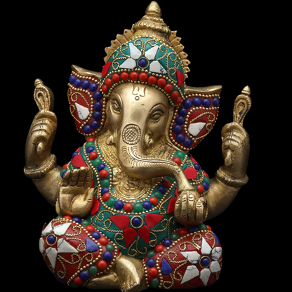 Brassaura™ Brass Ganesha Statue with Inlay Work | Height 6 Inches & Weight 1.63 kgs