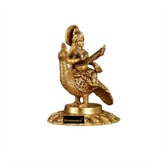 Brassaura™ Artistic Brass Saraswati Murti – Height 6.5 Inches & Weight 2 Kgs | Spiritual Home Accent