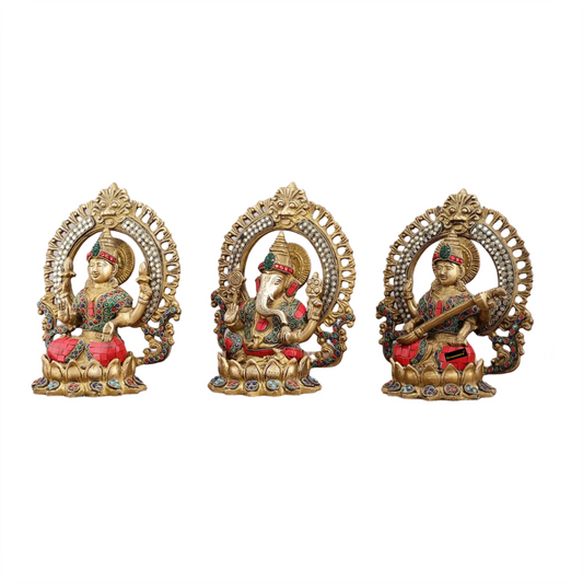 Brassaura® Traditional Brass Gem Stone Work Laxmi Ganesha Saraswati Murti – Height 9.5"  | Devotional Accent