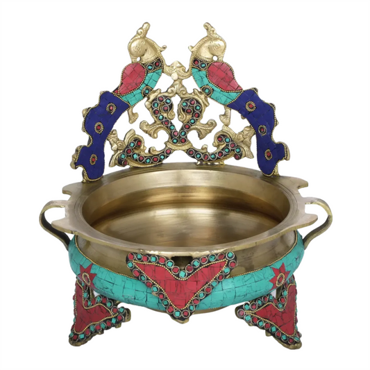 Brassaura® Peacock Brass Urli with Multicolor Inlay Work | Pure Brass | Height 10 Inches & Weight 3.60 kgs