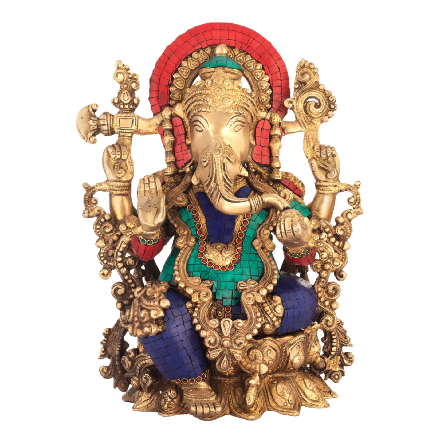 Brassaura™ Seated Lord Ganesha with Ornate Prabhavali & Inlay Work | Pure Brass with Meenakari Stonework | Height 15 Inches & Weight 13.30 kgs