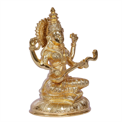 Brassaura® Gold Plated Goddess Saraswati Idol | Intricately Detailed Brass Sculpture | Height 7.5 Inches & Weight 1.85 kgs