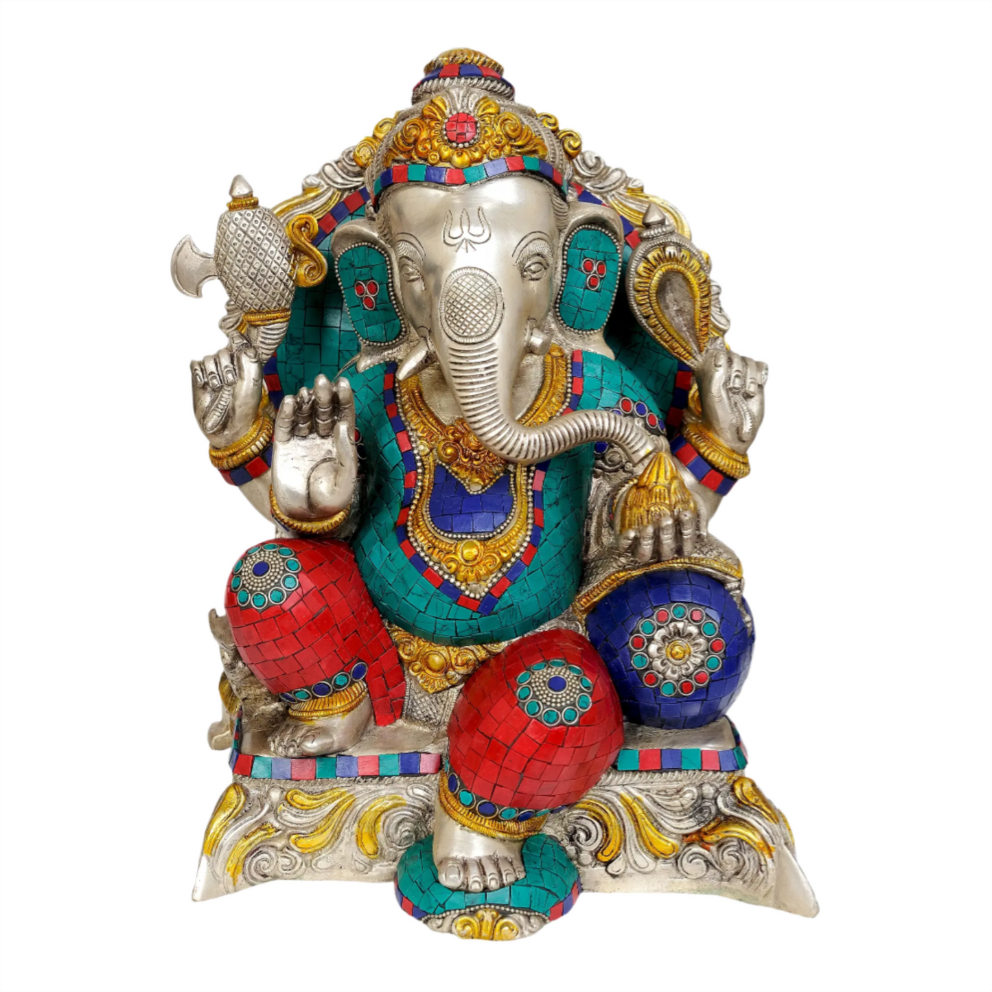 Brassaura™ 13 Inches Bhagawan Ganesha Granting Abhaya | Brass with Multicolor Stone Inlay | Height 13 Inches & Weight 12.60 kgs