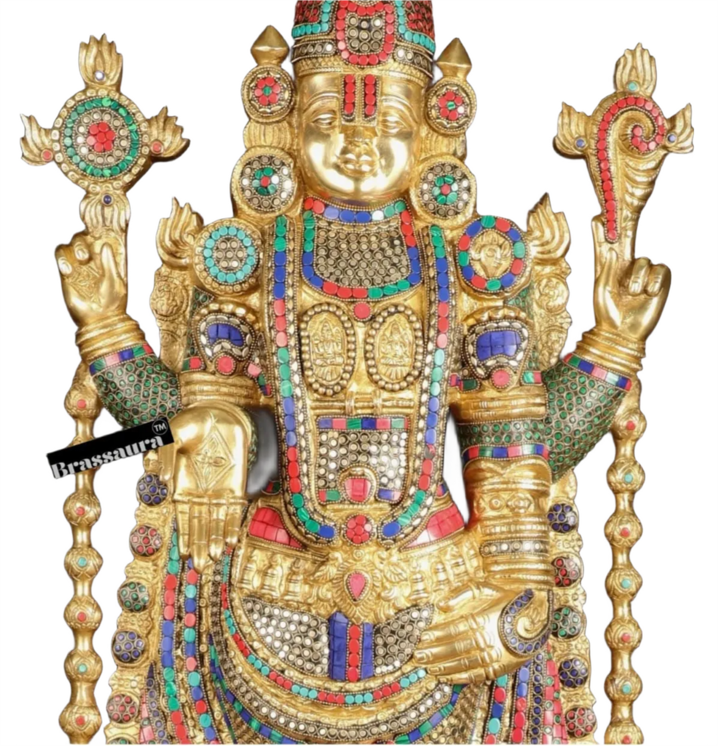 Brassaura™ Brass Lord Venkateshwara Idol with Pedestal & Bells – 38 Inches Idol, 37 Kgs & 21 Inches Pedestal stand - 33 Kgs