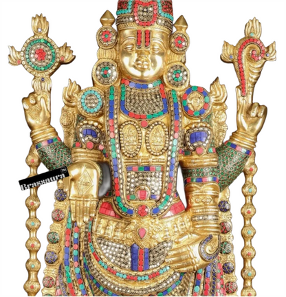 Brassaura™ Brass Lord Venkateshwara Idol with Pedestal & Bells – 38 Inches Idol, 37 Kgs & 21 Inches Pedestal stand - 33 Kgs