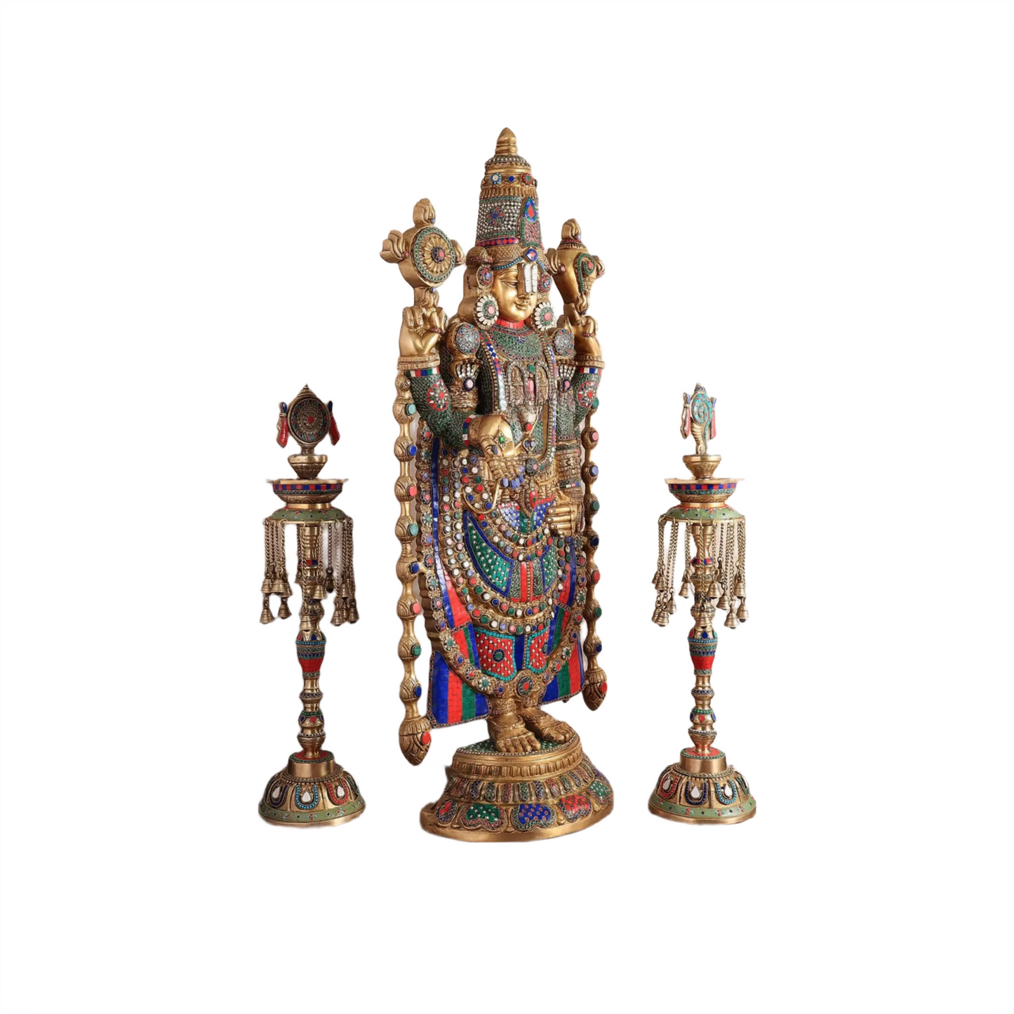 Brassaura™ Brass Lord Venkateshwara Statue with Meenakari Stonework & Deepak Set – 48 Inches, 49 Kgs Idol + 30 Inches, 20 Kgs Deepaks