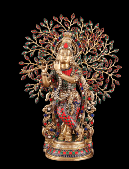 Brassaura™ Brass Krishna under Kalpavriksha with Stonework – Height 23 Inches & Weight 14.5 Kgs