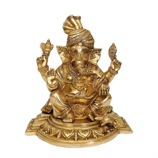 Brassaura® Royal Turban Ganesha on Ornate Pedestal | Brass Sculpture | Height 12 Inches & Weight 6.30 kgs