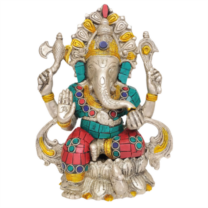 Brassaura® Seated Ganesha with Multicolor Inlay | Brass Sculpture | Height 6.5 Inches & Weight 1.70 kgs