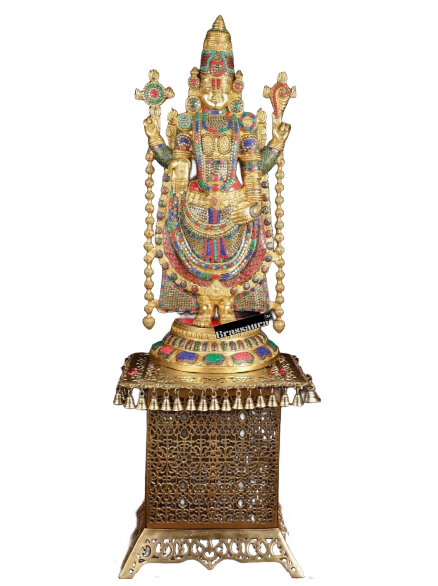 Brassaura™ Brass Lord Venkateshwara Idol with Pedestal & Bells – 38 Inches Idol, 37 Kgs & 21 Inches Pedestal stand - 33 Kgs