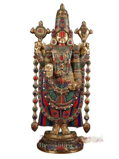 Brassaura™ Majestic Brass Lord Venkateshwara Idol with Stonework – 48 Inches, 49 Kgs