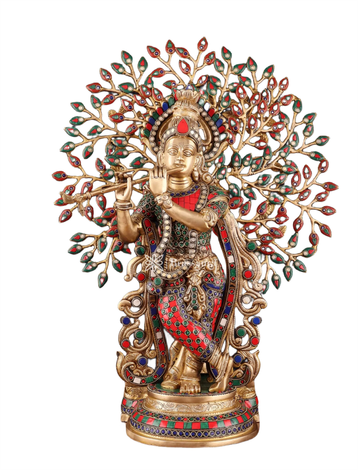 Brassaura™ Brass Krishna under Kalpavriksha with Stonework – Height 23 Inches & Weight 14.5 Kgs
