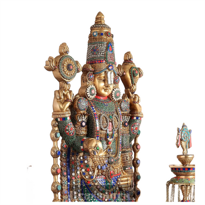 Brassaura™ Brass Lord Venkateshwara Statue with Meenakari Stonework & Deepak Set – 48 Inches, 49 Kgs Idol + 30 Inches, 20 Kgs Deepaks