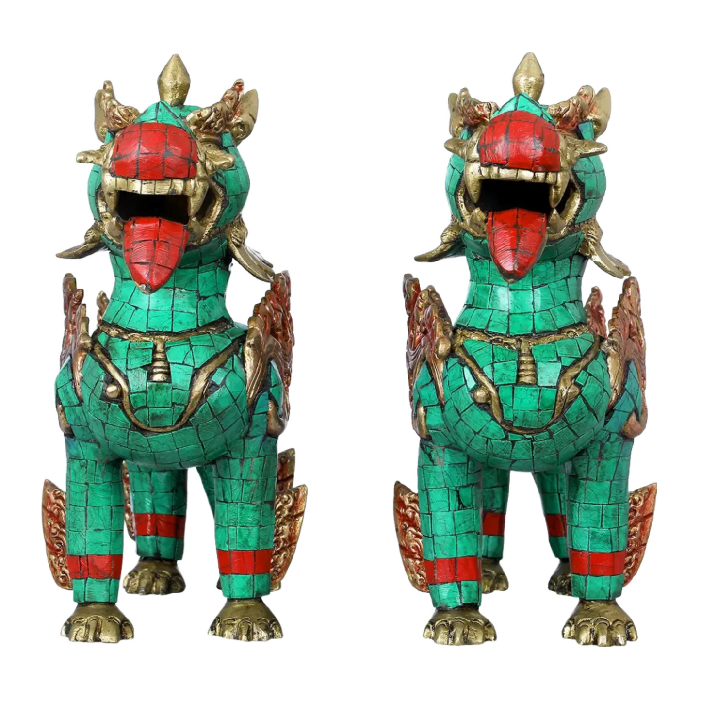 Brassaura® Pair of Tibetan Guardian Lions with Inlay Work | Pure Brass | Height 9 Inches & Weight 6.70 kgs