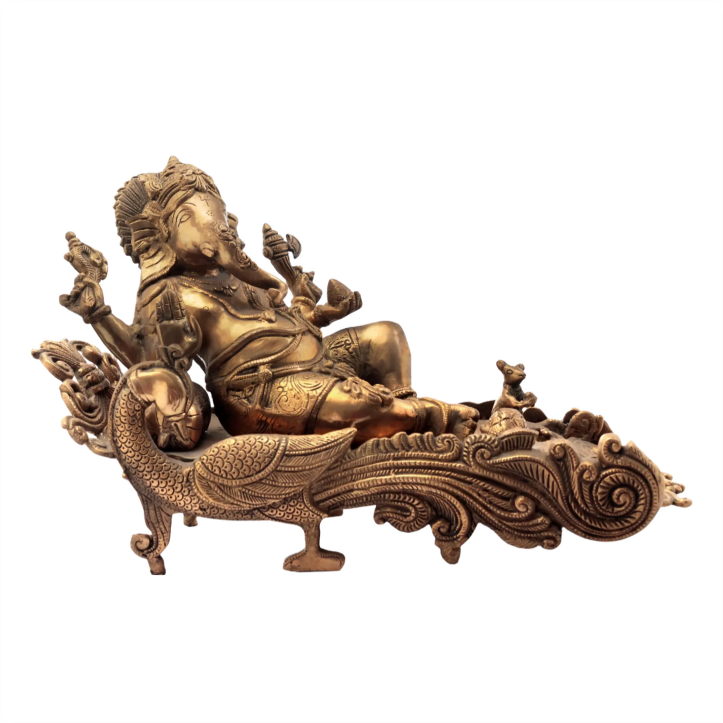 Brassaura® Reclining Lord Ganesha on Peacock Couch | Handcrafted Brass Sculpture | Height 10 Inches & Weight 8.80 kgs