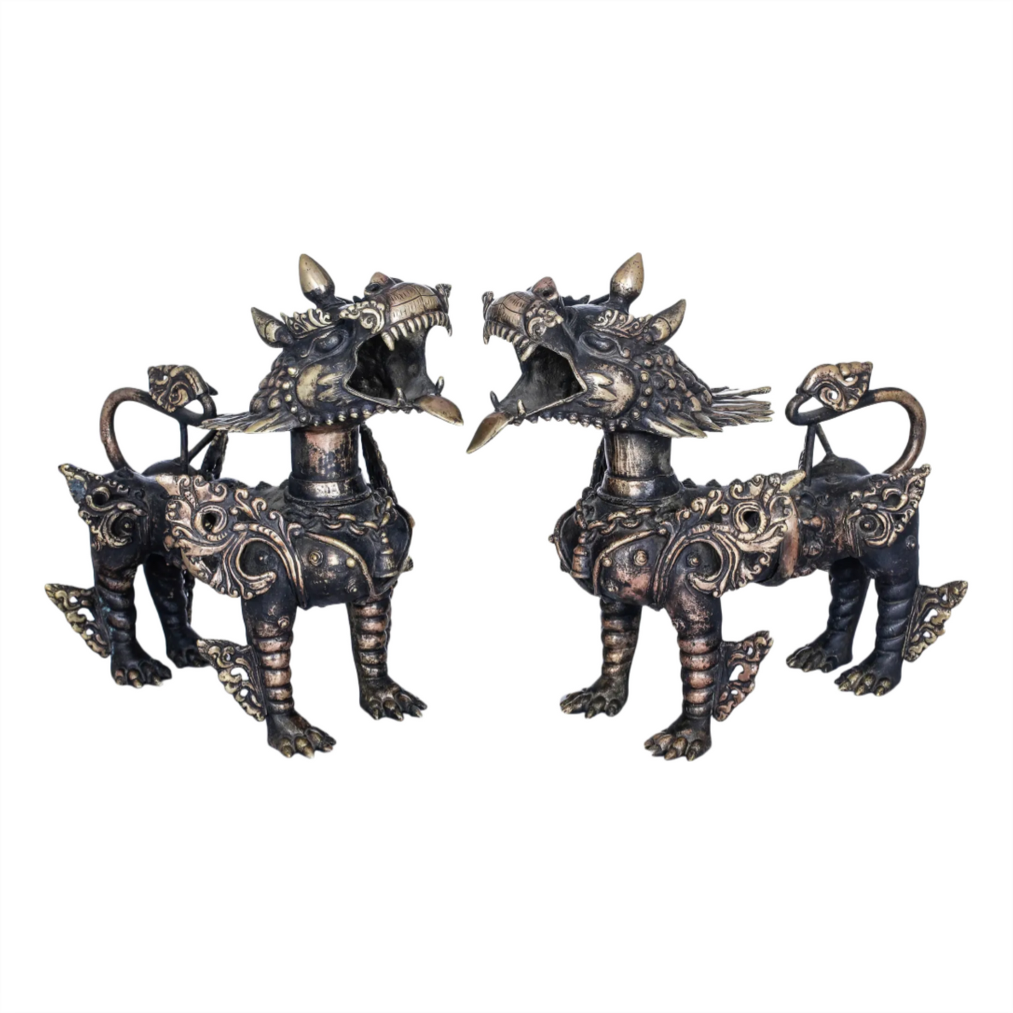 Brassaura® Pair of Tibetan Snow Lion Guardian Brass Sculptures | Pure Brass | Height 9.6 Inches & Weight 4.20 kgs