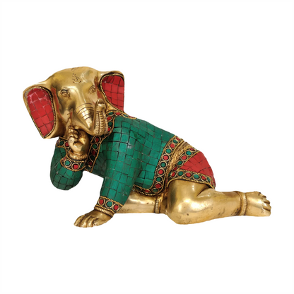 Brassaura® Crawling Baby Ganesha with Stone Inlay Work | Brass Sculpture | Height 7 Inches & Weight 4.10 kgs