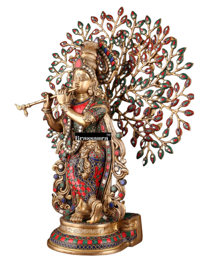 Brassaura™ Brass Krishna under Kalpavriksha with Stonework – Height 23 Inches & Weight 14.5 Kgs