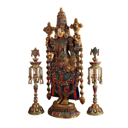 Brassaura™ Brass Lord Venkateshwara Statue with Meenakari Stonework & Deepak Set – 48 Inches, 49 Kgs Idol + 30 Inches, 20 Kgs Deepaks