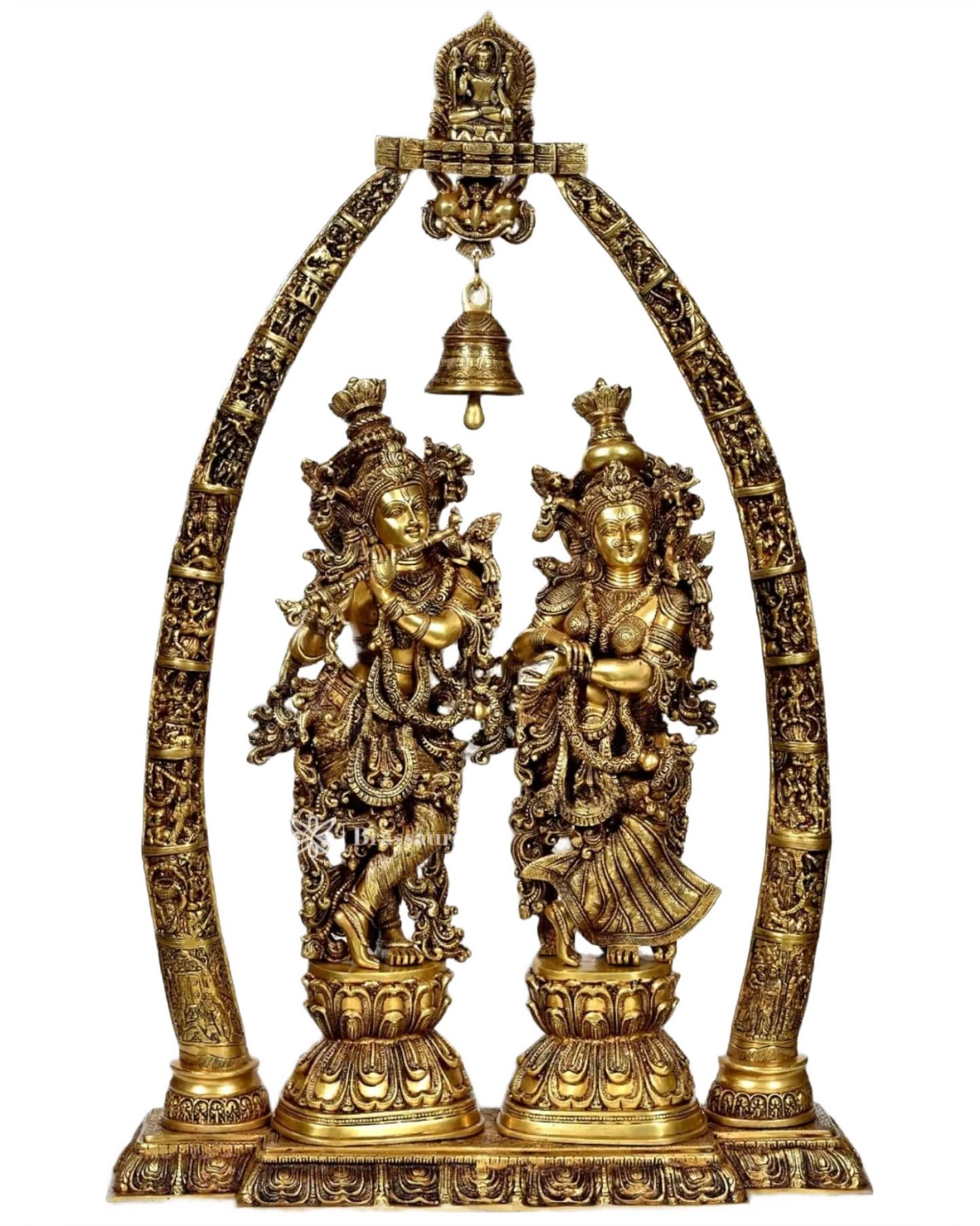 Brassaura™ Brass Radha Krishna Idol Pair with Arch & Krishna Leelas – Height 29 Inches & Weight 65 Kgs | Divine Devotional Statue