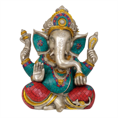 ब्रसुरम™ लाल धोती में अभय मुद्रा के साथ गणेश | ब्रास इनले दस्तकारी मूर्ति | ऊंचाई 12 इंच और वजन 9.86 किलोग्राम