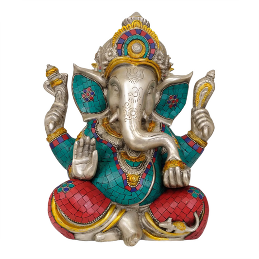 Brassaura™ Ganesha in Red Dhoti with Abhaya Mudra | Brass Inlay Handcrafted Idol | Height 12 Inches & Weight 9.86 kgs
