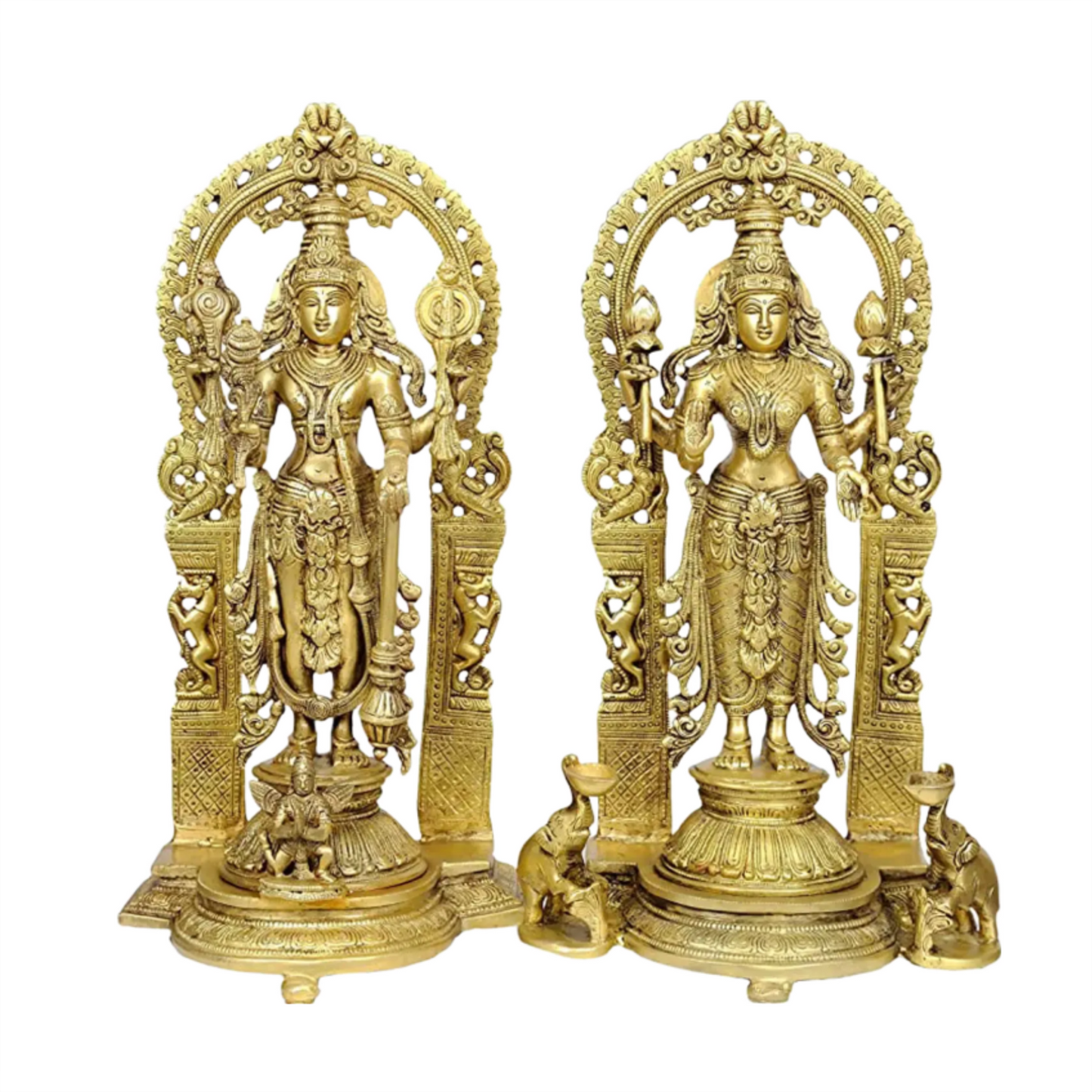 Brassaura® Lakshmi & Vishnu Brass Statue Pair | Natural Brass Finish | Height 15.9 Inches