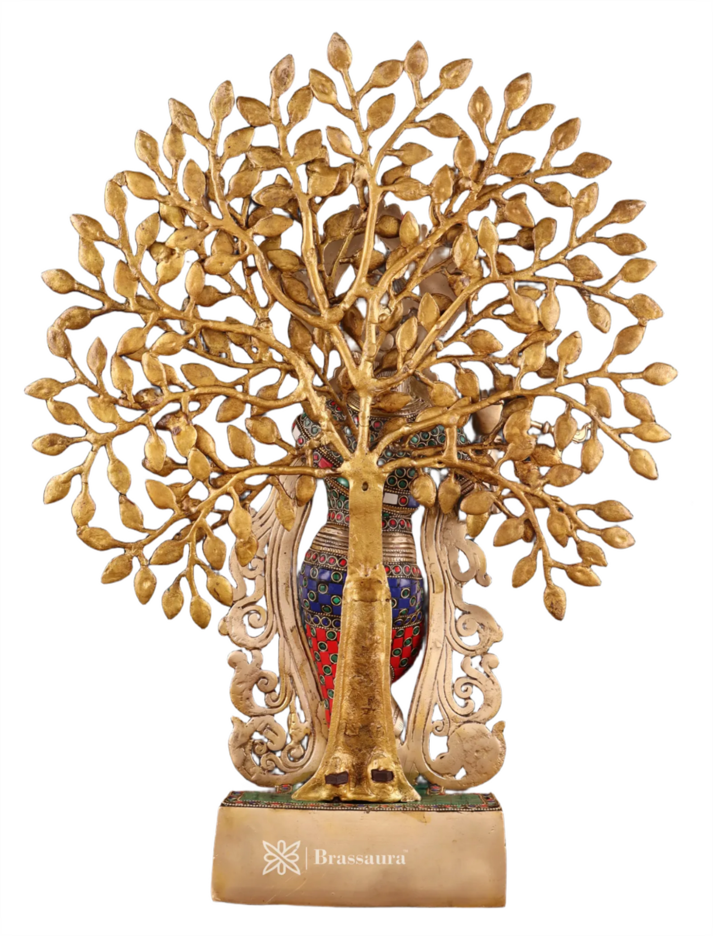 Brassaura™ Brass Krishna under Kalpavriksha with Stonework – Height 23 Inches & Weight 14.5 Kgs