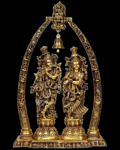 Brassaura™ Brass Radha Krishna Idol Pair with Arch & Krishna Leelas – Height 29 Inches & Weight 65 Kgs | Divine Devotional Statue
