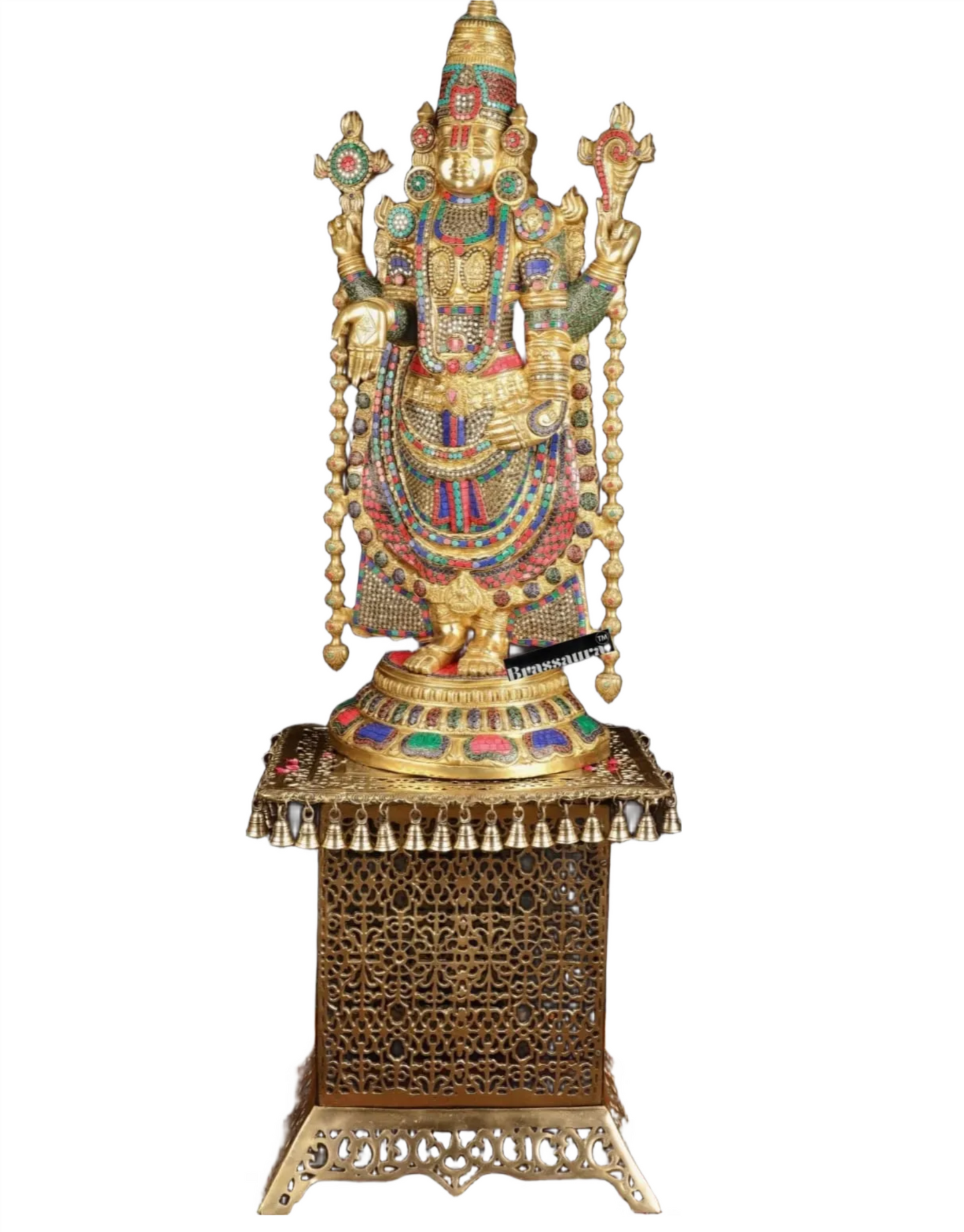 Brassaura™ Brass Lord Venkateshwara Idol with Pedestal & Bells – 38 Inches Idol, 37 Kgs & 21 Inches Pedestal stand - 33 Kgs