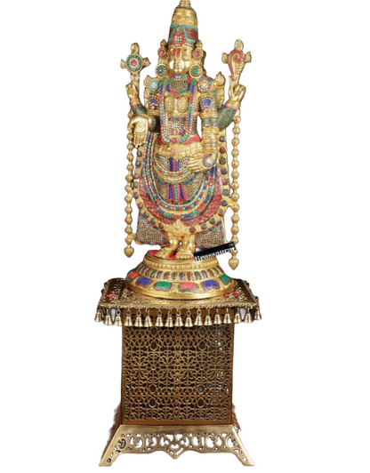 Brassaura™ Brass Lord Venkateshwara Idol with Pedestal & Bells – 38 Inches Idol, 37 Kgs & 21 Inches Pedestal stand - 33 Kgs