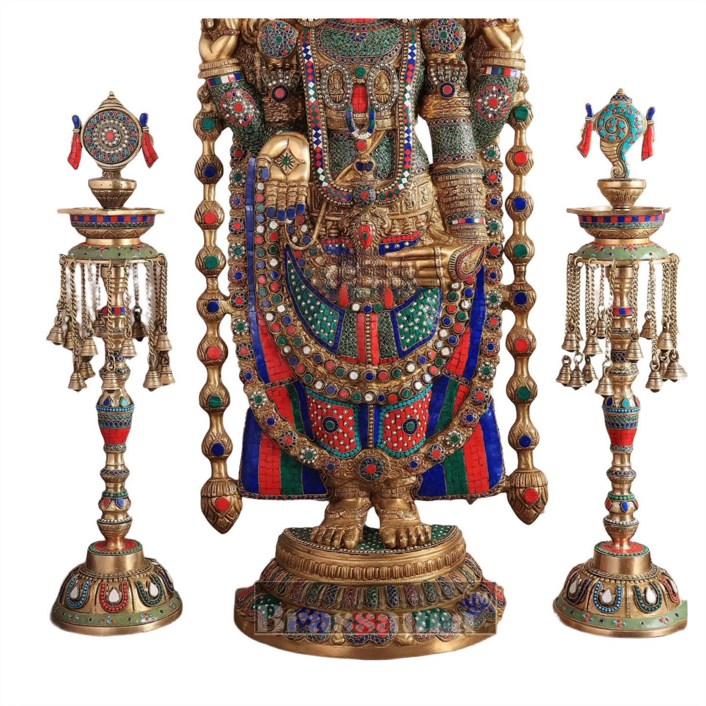 Brassaura™ Brass Lord Venkateshwara Statue with Meenakari Stonework & Deepak Set – 48 Inches, 49 Kgs Idol + 30 Inches, 20 Kgs Deepaks