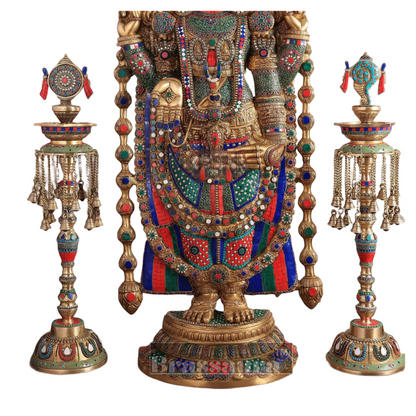 Brassaura™ Brass Lord Venkateshwara Statue with Meenakari Stonework & Deepak Set – 48 Inches, 49 Kgs Idol + 30 Inches, 20 Kgs Deepaks