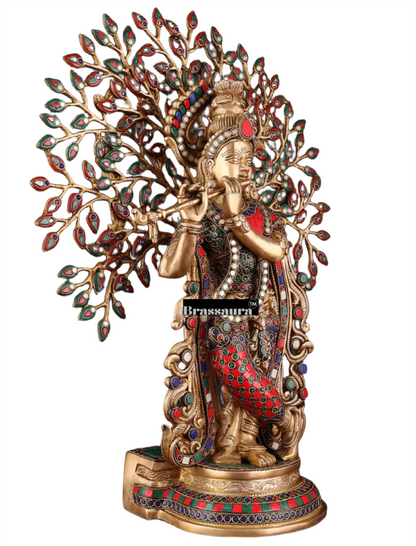 Brassaura™ Brass Krishna under Kalpavriksha with Stonework – Height 23 Inches & Weight 14.5 Kgs