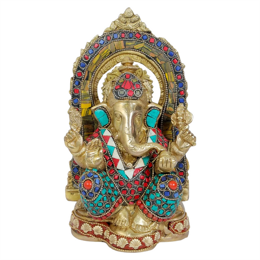 Brassaura™ Brass Gem Stone Work Ganesha Murti – Height 10.24 inches & Weight 2.3 kgs | Traditional Ganpati Murti for Home & Pooja Room