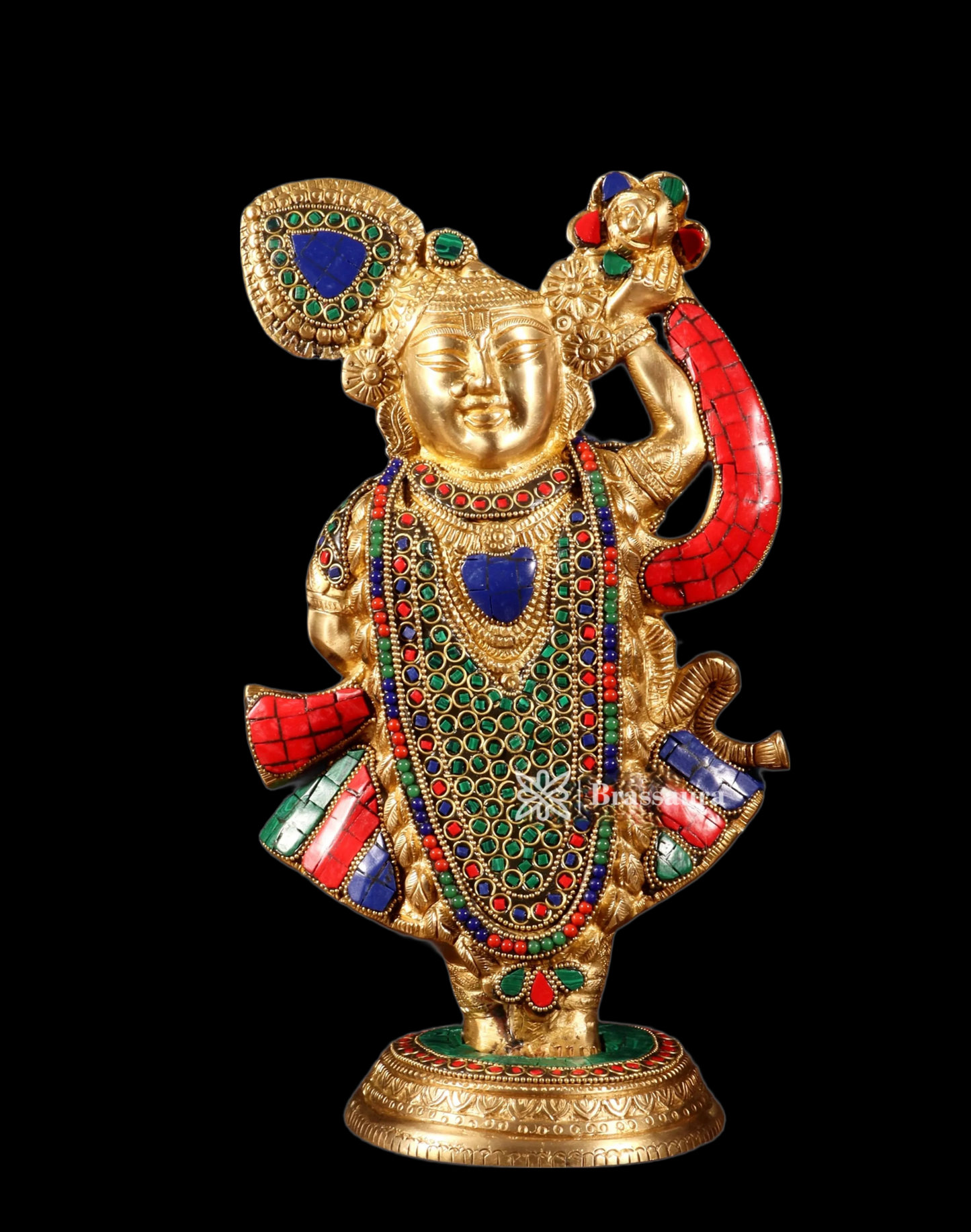 BrassAura™ Brass Lord Shrinath Ji Statue – Golden Finish with Pichwai Meenakari Work | Height 13 Inch | Weight 4.5 Kg