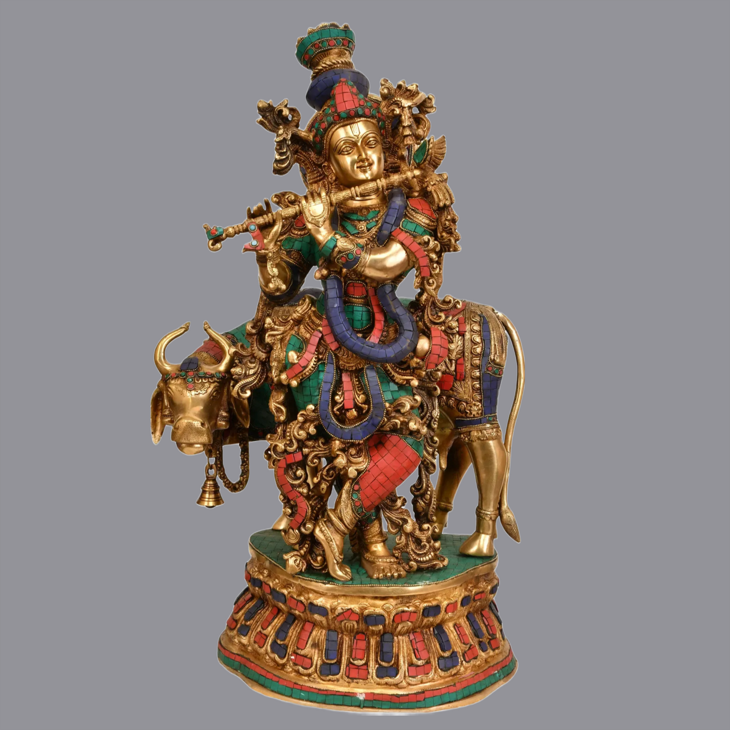 Brassaura® Brass Krishna with Nandi Statue | Height 27.95 Inches & Weight 34.80 kg