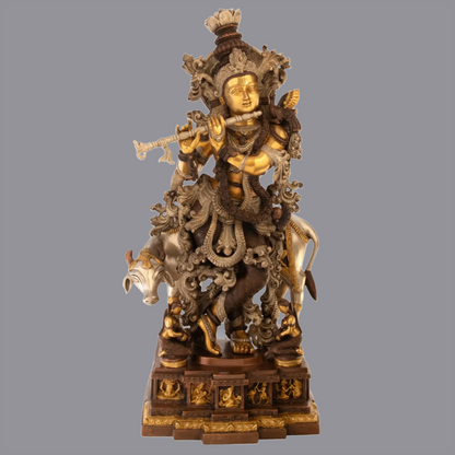 Brassaura® Brass Krishna with Cow Statue with Inlay Work | Height 27.95 Inches & Weight 35 kg