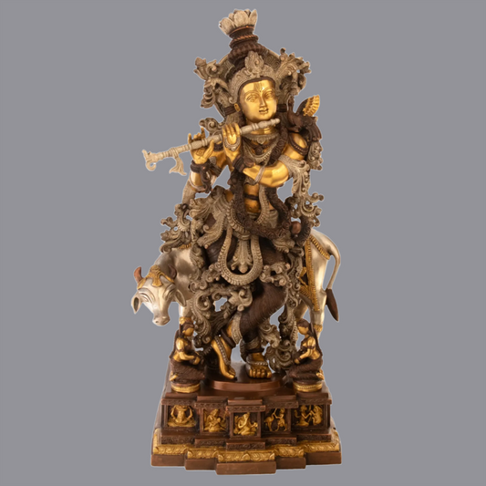 Brassaura® Brass Krishna with Cow Statue with Inlay Work | Height 27.95 Inches & Weight 35 kg