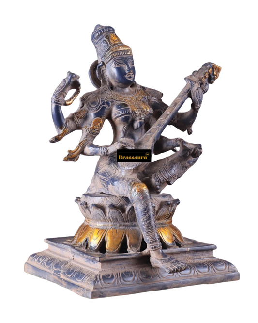 Brassaura™ Artistic Brass Saraswati Idol – Height 11 Inches & Weight 5.76 Kgs | Puja & Temple Décor